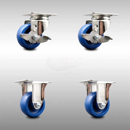 3.5 Inch 316SS Solid Polyurethane Swivel Top Plate Caster Brake 2 Rigid, 2PK